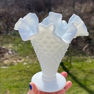 Vintage Fenton White Milk Glass Hobnail Ruffle Trumpet Vase
